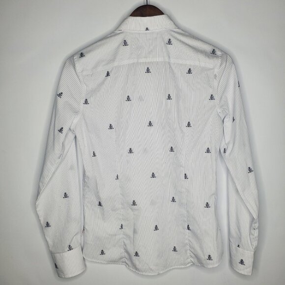 Lands End Womens Striped LE Mongramed Anchor Button Down Top Size 2 Nautical - Picture 2 of 8